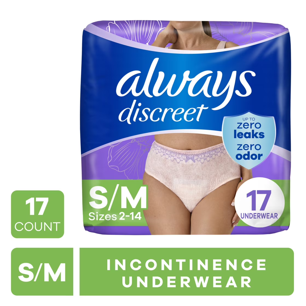 Always Discreet Adult Incontinence Underwear for Women and Postpartum Underwear, S/M, Up to 100% Bladder Leak Protection