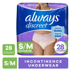 Always Discreet Adult Incontinence Underwear for Women and Postpartum Underwear, S/M, Up to 100% Bladder Leak Protection
