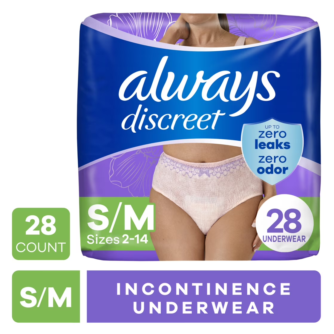 Always Discreet Adult Incontinence Underwear for Women and Postpartum Underwear, S/M, Up to 100% Bladder Leak Protection