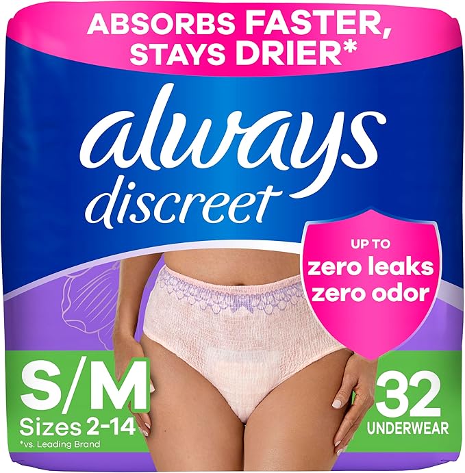 Always Discreet Adult Incontinence Underwear for Women and Postpartum Underwear, S/M, Up to 100% Bladder Leak Protection
