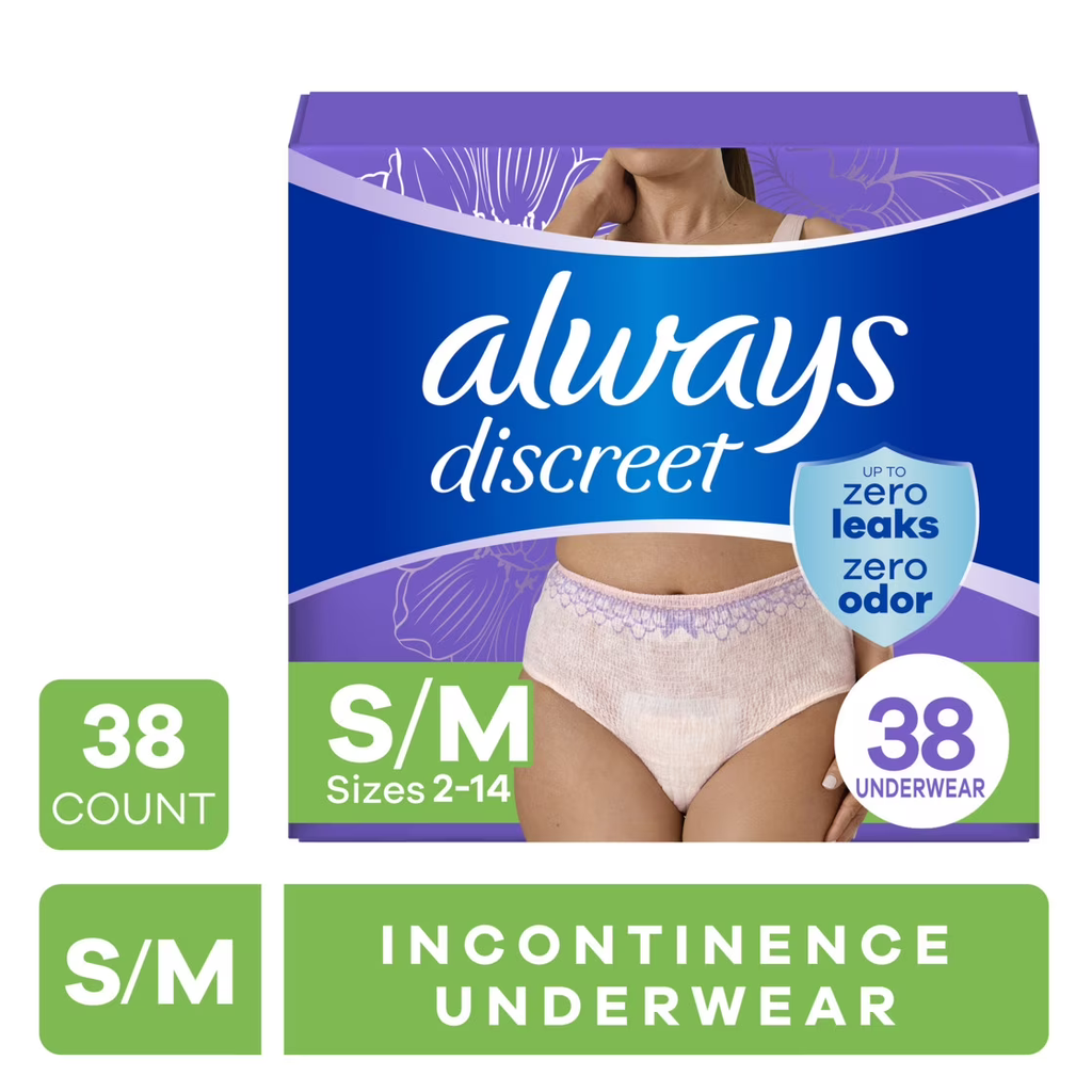 Always Discreet Adult Incontinence Underwear for Women and Postpartum Underwear, S/M, Up to 100% Bladder Leak Protection
