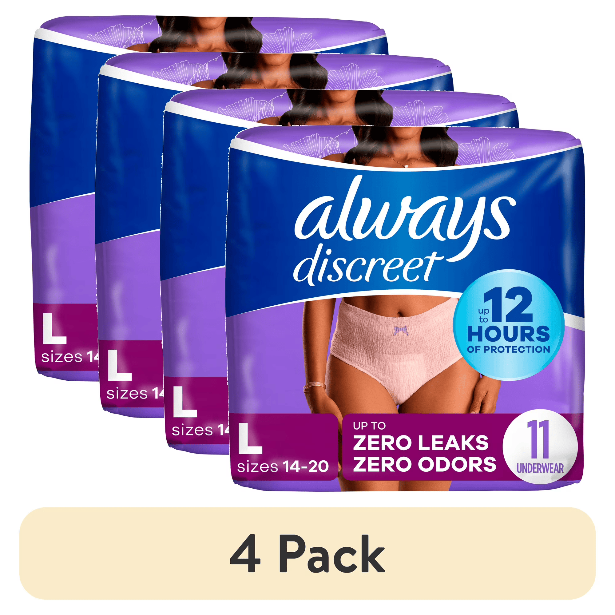Always Discreet Adult Incontinence Underwear for Women and Postpartum Underwear, L, Up to 100% Bladder Leak Protection