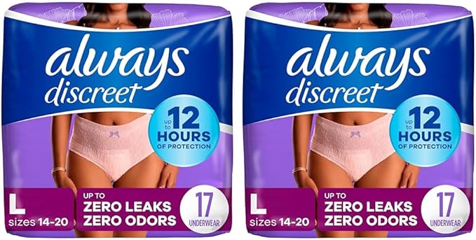 Always Discreet Adult Incontinence Underwear for Women and Postpartum Underwear, L, Up to 100% Bladder Leak Protection