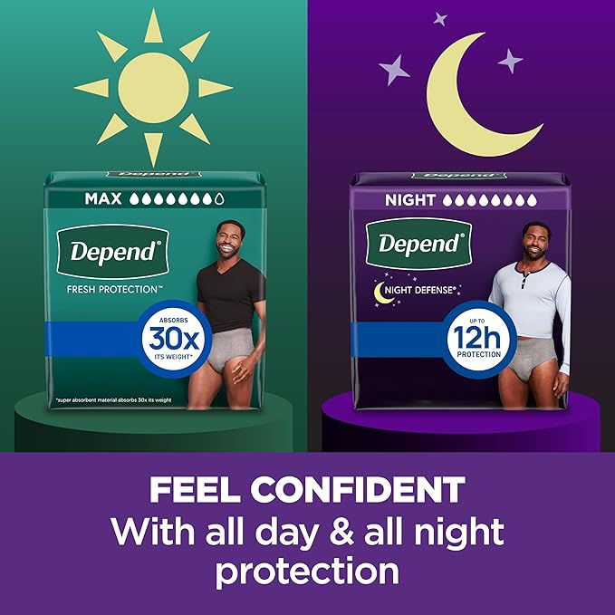 Depend Night Defense Adult Diapers, Incontinence Underwear for Men, Disposable, Overnight, Small/Medium