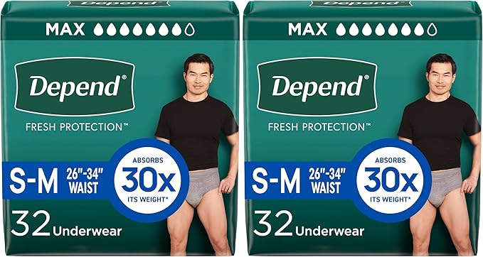 Depend Fresh Protection Adult Diapers, Incontinence Underwear for Men, Disposable, Maximum, Small/Medium