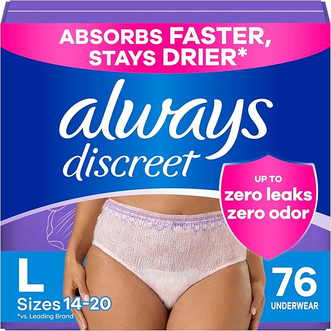 Always Discreet Adult Incontinence Underwear for Women and Postpartum Underwear, L, Up to 100% Bladder Leak Protection