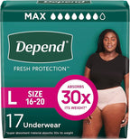 Depend Fresh Protection Adult Diapers, Incontinence & Postpartum Bladder Leak Underwear for Women, Disposable, Maximum, Large