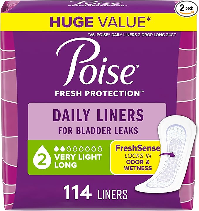 Poise Daily Incontinence Panty Liners, 2 Drop Very Light Absorbency, Long