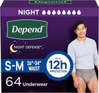 Depend Night Defense Adult Diapers, Incontinence Underwear for Men, Disposable, Overnight, Small/Medium