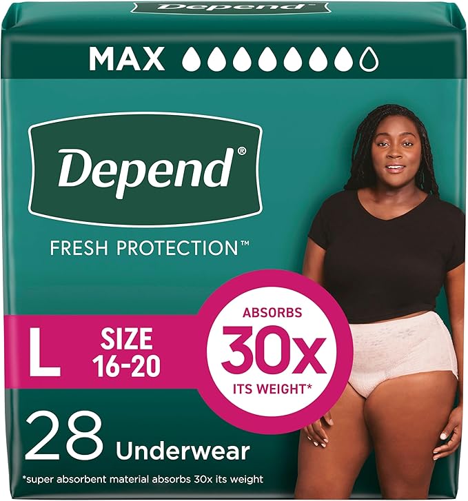 Depend Fresh Protection Adult Diapers, Incontinence & Postpartum Bladder Leak Underwear for Women, Disposable, Maximum, Large