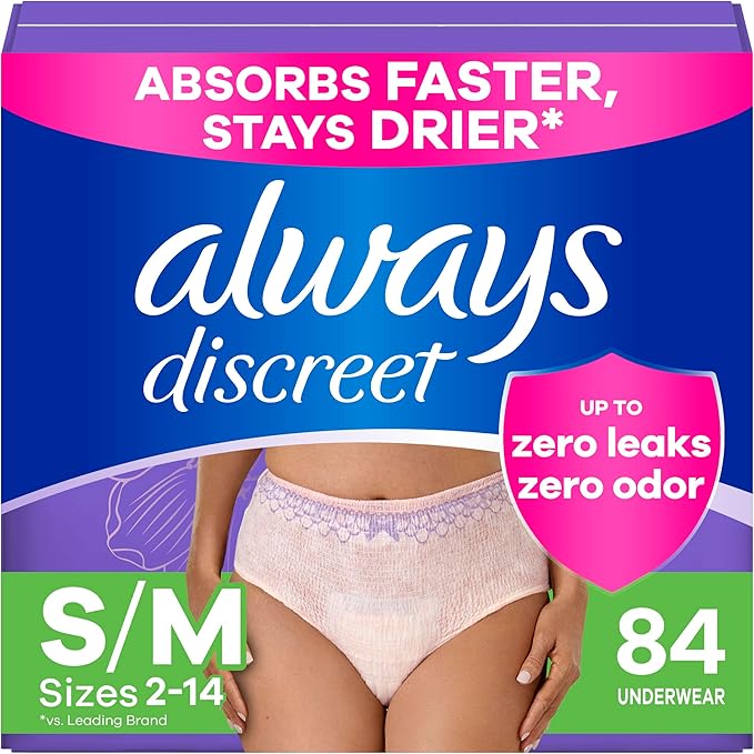 Always Discreet Adult Incontinence Underwear for Women and Postpartum Underwear, S/M, Up to 100% Bladder Leak Protection