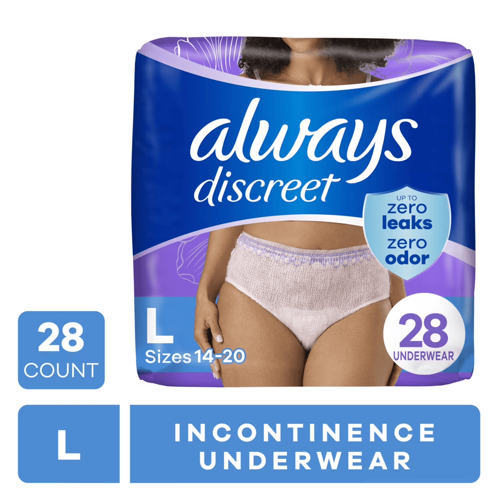 Always Discreet Adult Incontinence Underwear for Women and Postpartum Underwear, L, Up to 100% Bladder Leak Protection
