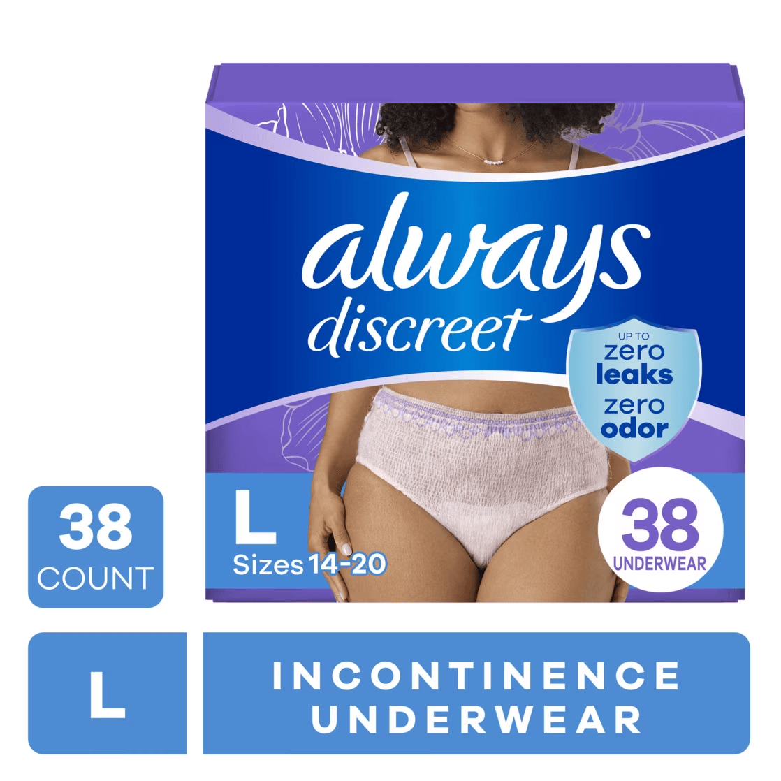 Always Discreet Adult Incontinence Underwear for Women and Postpartum Underwear, L, Up to 100% Bladder Leak Protection